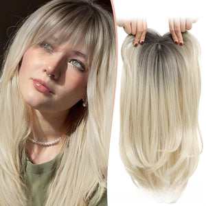 Rooted blonde synthetic hair topper shown on a model beside the piece held up by its lace base