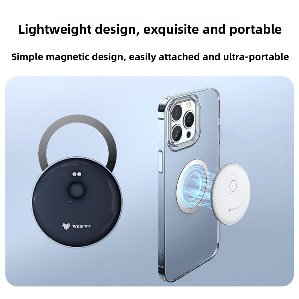 Black translator with its magnetic ring and a matching unit clipped magnetically to the back of a phone