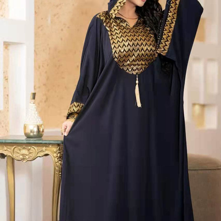 Dark blue chiffon kaftan with gold sequin chevron yoke and batwing sleeves, Dark Blue option