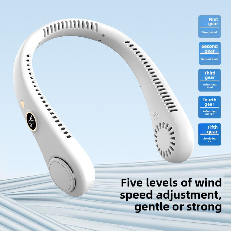 White portable neck fan with a five wind speed guide beside the U-shaped bladeless band