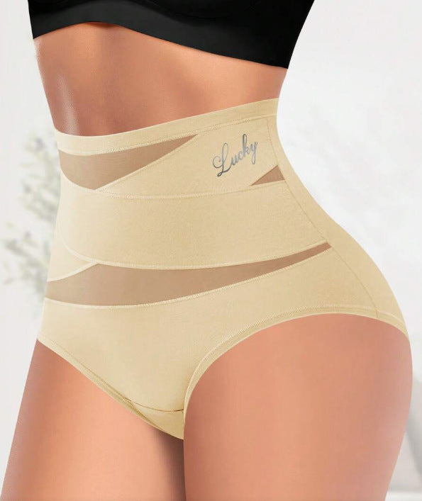 High waisted seamless shaping brief with crossed sheer mesh front panels