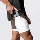 Man wearing the two in one training shorts in khaki, tucking a phone into the liner side pocket