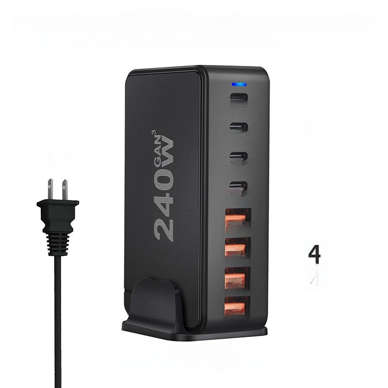 Front and side view of the GaN charging tower and its detachable phone stand bracket
