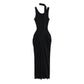 Sleeveless draped maxi dress with side ruching and a low scoop back