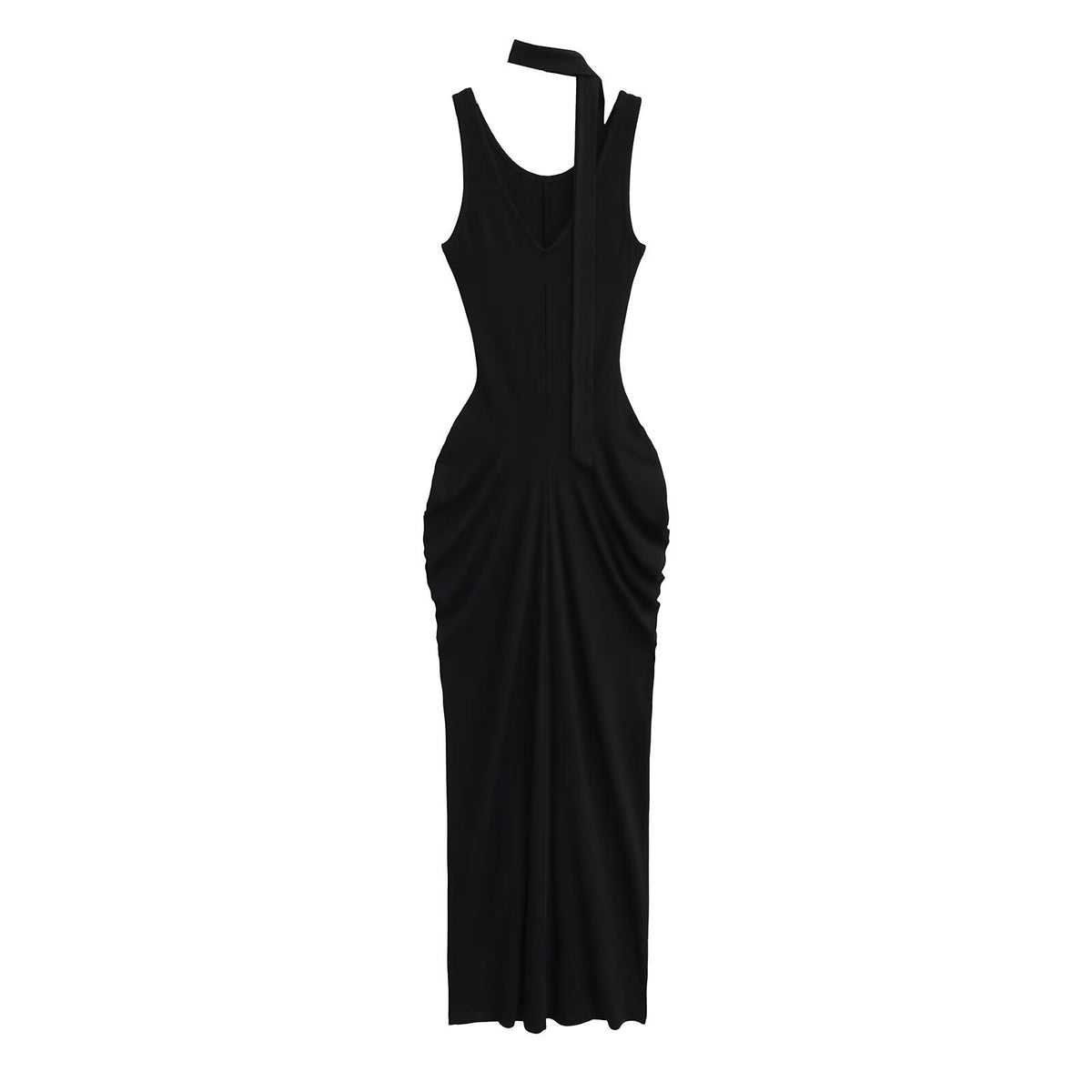Sleeveless draped maxi dress with side ruching and a low scoop back