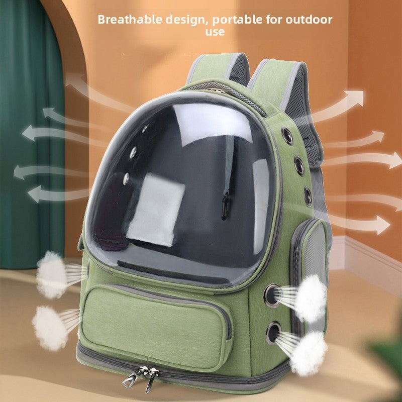 Army green pet carrier backpack with clear dome, side vent holes and airflow arrows around it
