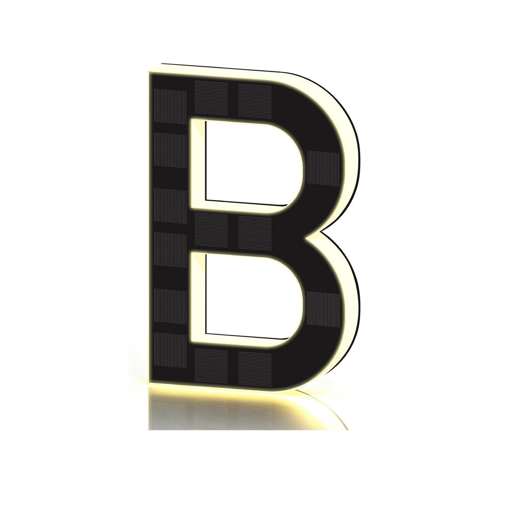 Black and gold solar LED house number sign, one character with a backlit warm outline, solar cells on the face