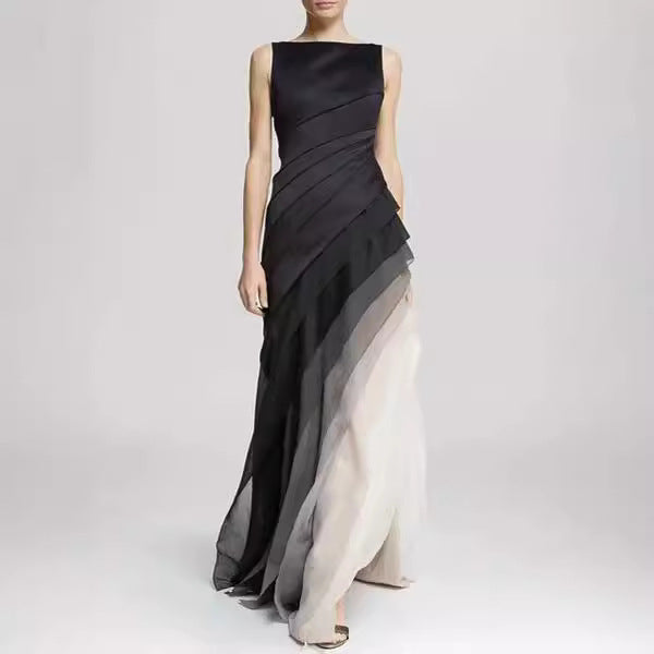 Layered organza long dress front view showing the floor-length skirt