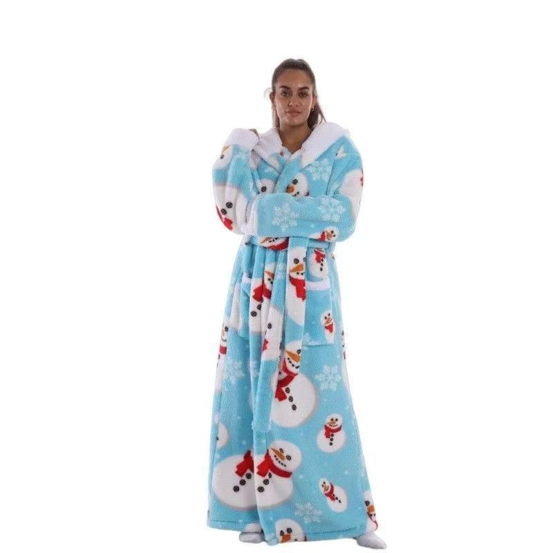 Light blue snowman print fleece bathrobe with white notched collar and tie belt, Snowman Blue Notched Robe, size M