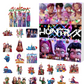 Huntrx neon advent calendar cover with four boys above and women below beside 24 festive ornaments