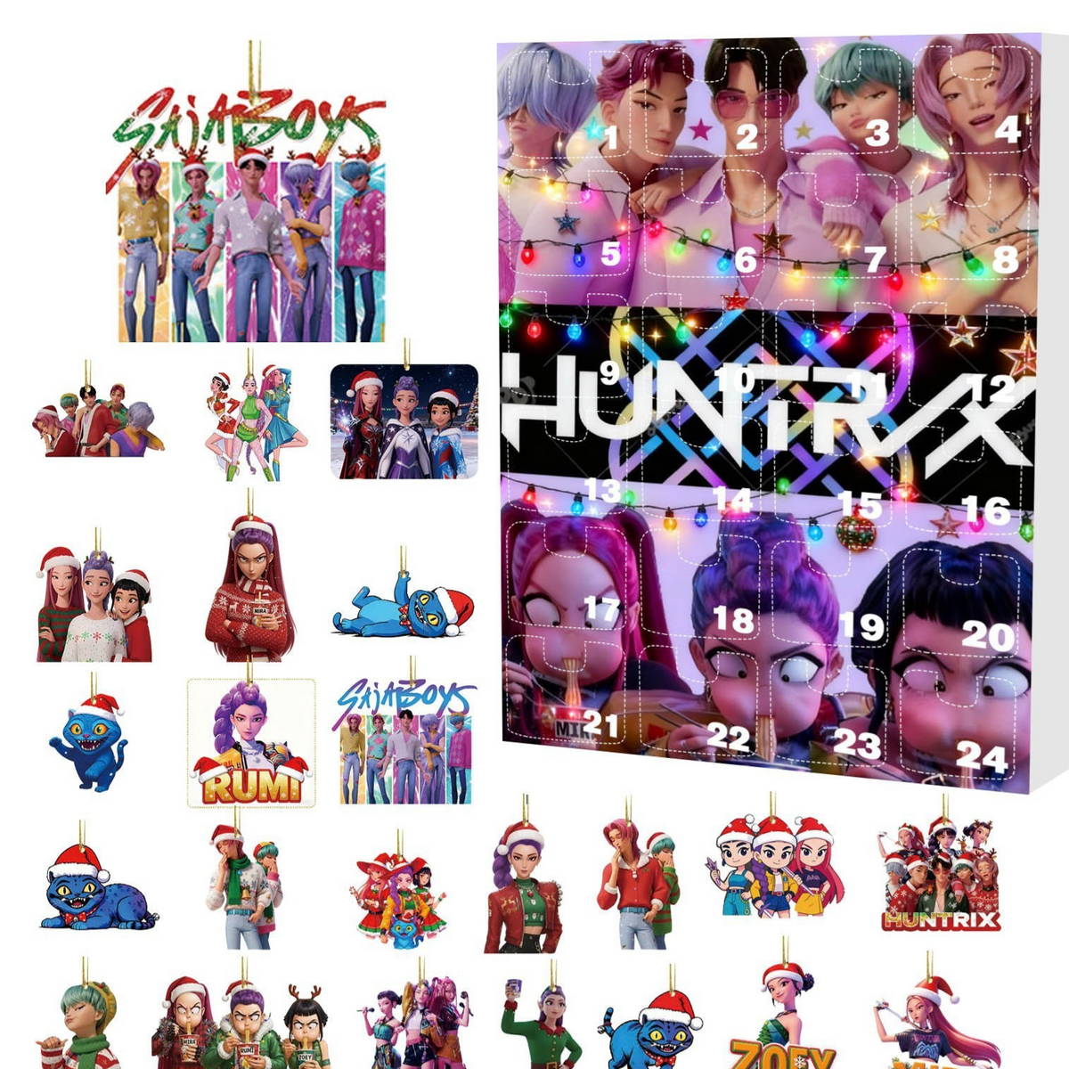 Huntrx neon advent calendar cover with four boys above and women below beside 24 festive ornaments