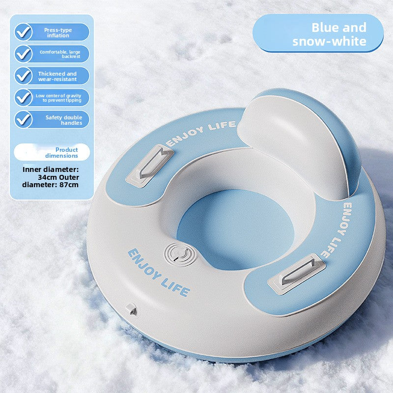 Blue and white inflatable snow ring with a raised backrest and ENJOY LIFE print on snow with a 87 cm size note