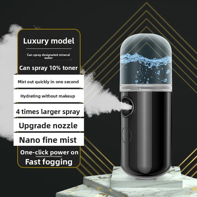 Black nano facial mister on stone with notes on one touch power and fast mist