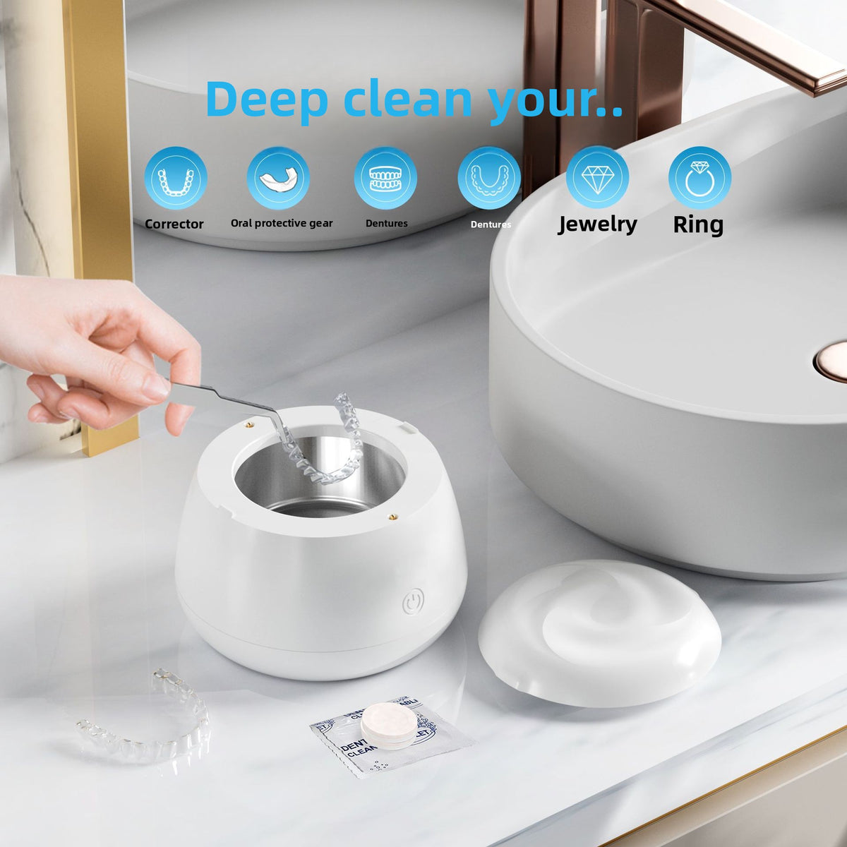 Ultrasonic cleaner in white and blue splashing to show it is waterproof
