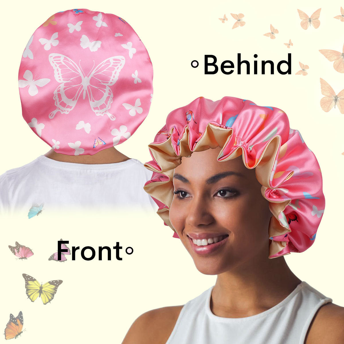 Deep pink butterfly print satin hair bonnet shown front and back with a model wearing it
