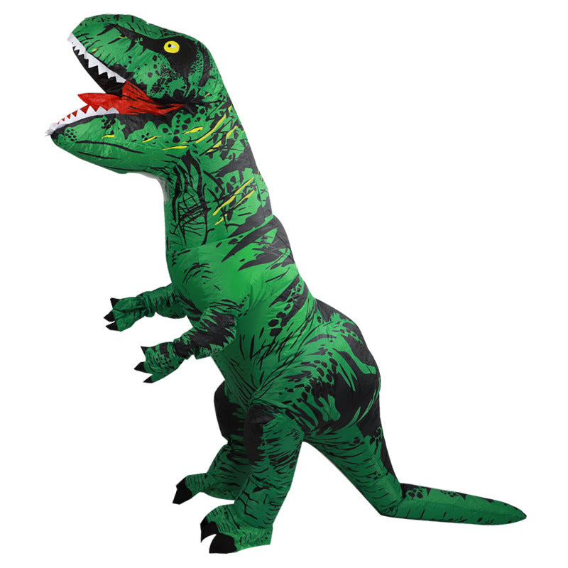 Full body inflatable T-Rex costume on white, jaws open wide with a red tongue and pointed teeth