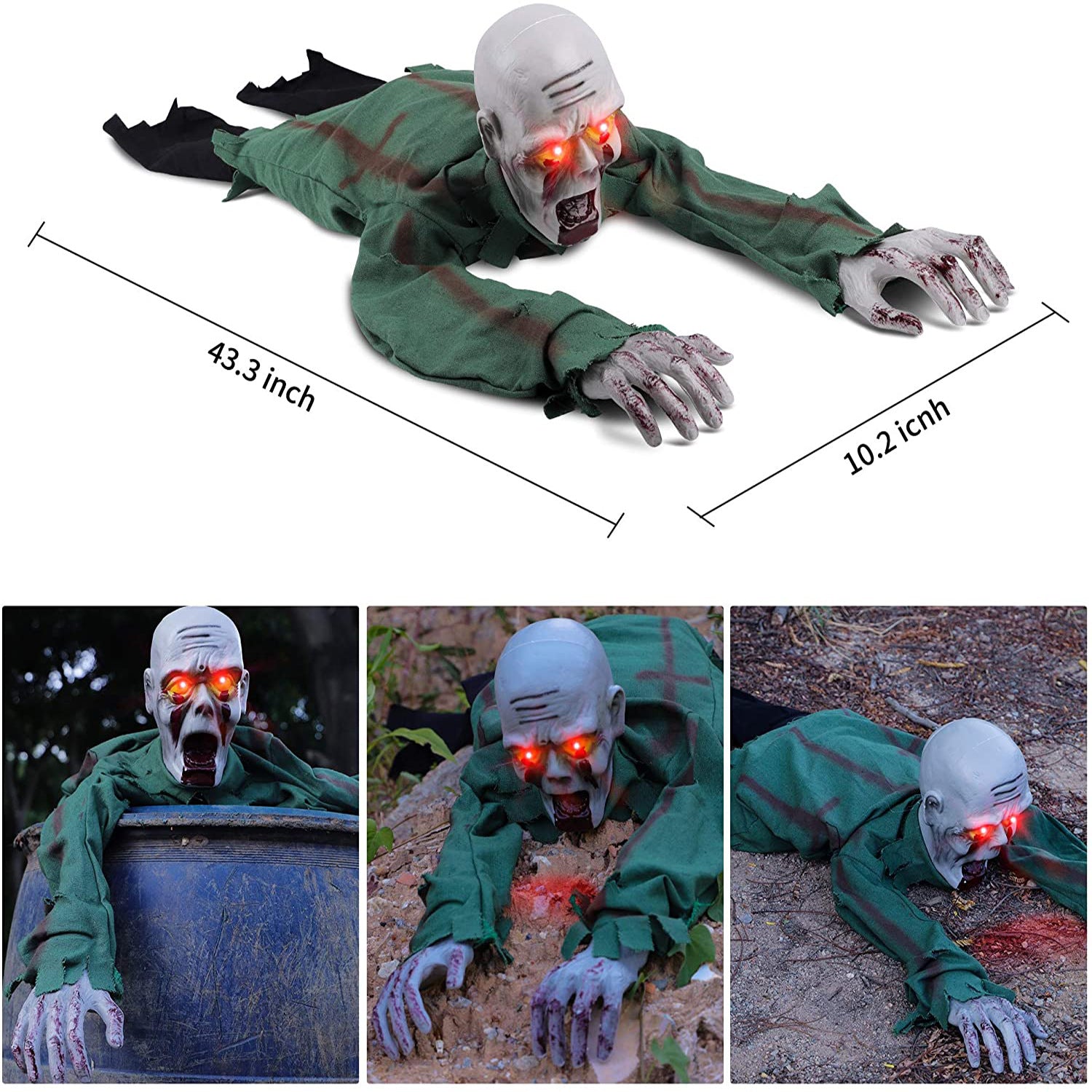 Size view of the crawling zombie prop, about 43.3 by 10.2 inches, with three haunted scene photos