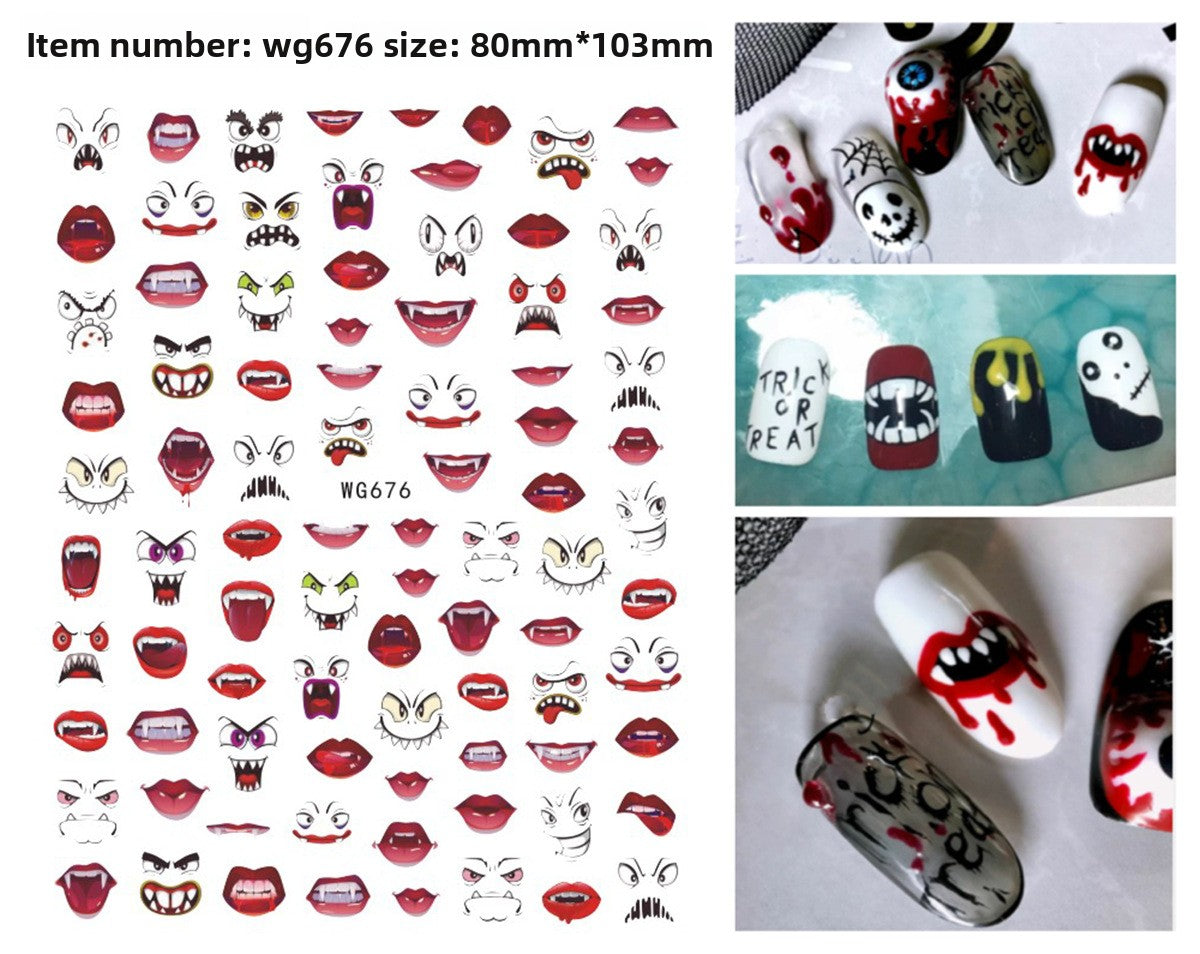 Halloween nail decals shown as a finished manicure with skulls and pumpkins