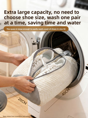 Lime Yellow mesh shoe washing bag zipped closed