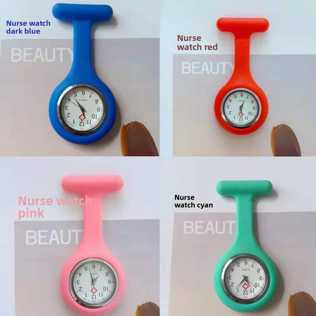 Purple silicone nurse fob watch with a quartz analog dial and inner seconds ring