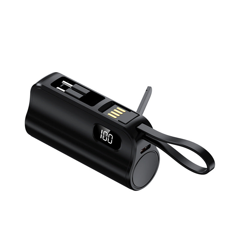 Black mini capsule power bank with digital display and lanyard loop, photo for the 5000mAh option