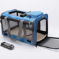 Blue soft pet carrier with side mesh door open showing cream plush base mat