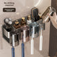 No drilling banner showing the gunmetal gray holder with cups, razor and bottles on a wall