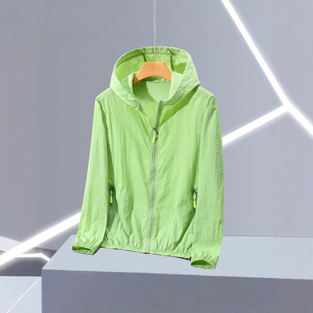 Fluorescent green lightweight hooded zip jacket with front zip and zip pockets on a hanger