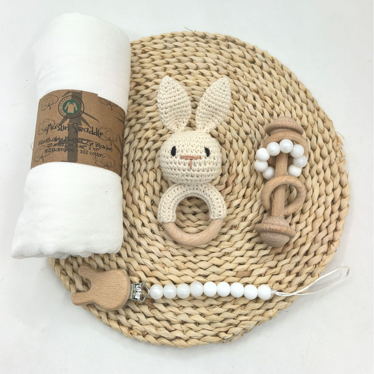 Crochet animal rattle set photographed in soft natural light
