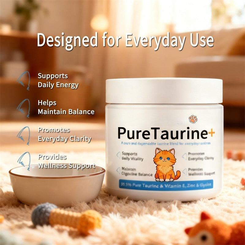 Taurine cat supplement 200g tub next to a cat feeding bowl at home
