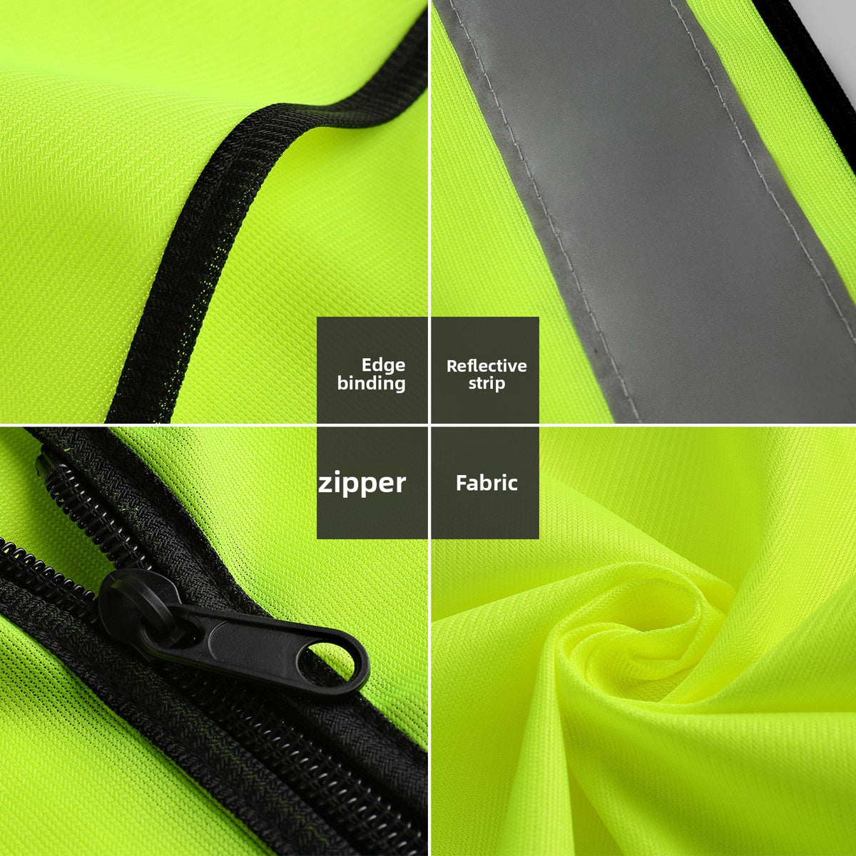 Close ups of the black edge binding, gray reflective strip, zipper and fabric on a fluorescent yellow work vest
