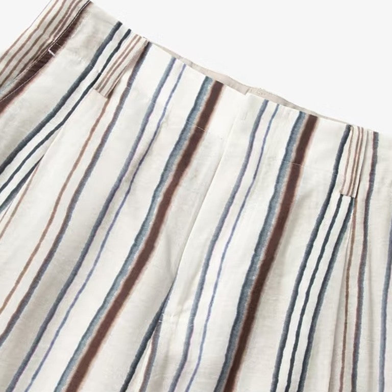 Close view of high waistband and belt loops on the striped wide leg pants