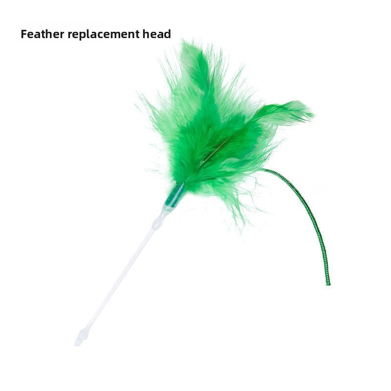 Green feather replacement head on a white flexible rod for the automatic cat teaser mat