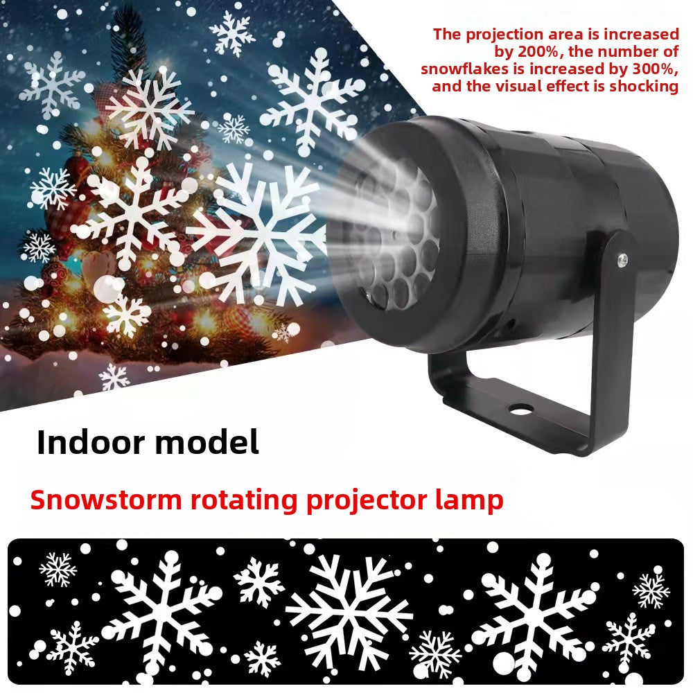 Black LED snowflake projector on a stand casting white snowflakes across a dark scene