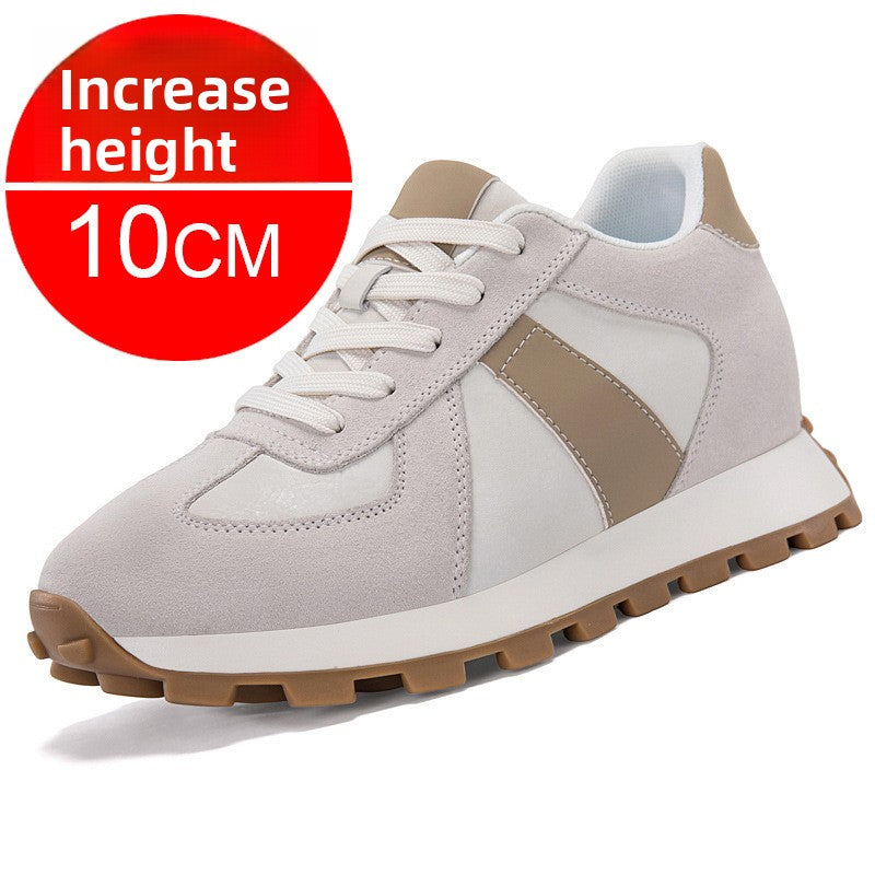 Gray suede low top lace up sneaker with a taupe stripe, 10 cm inner lift option, size 44