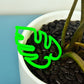 Large green monstera leaf shaped plant support clip resting against the rim of a pot with black pebbles