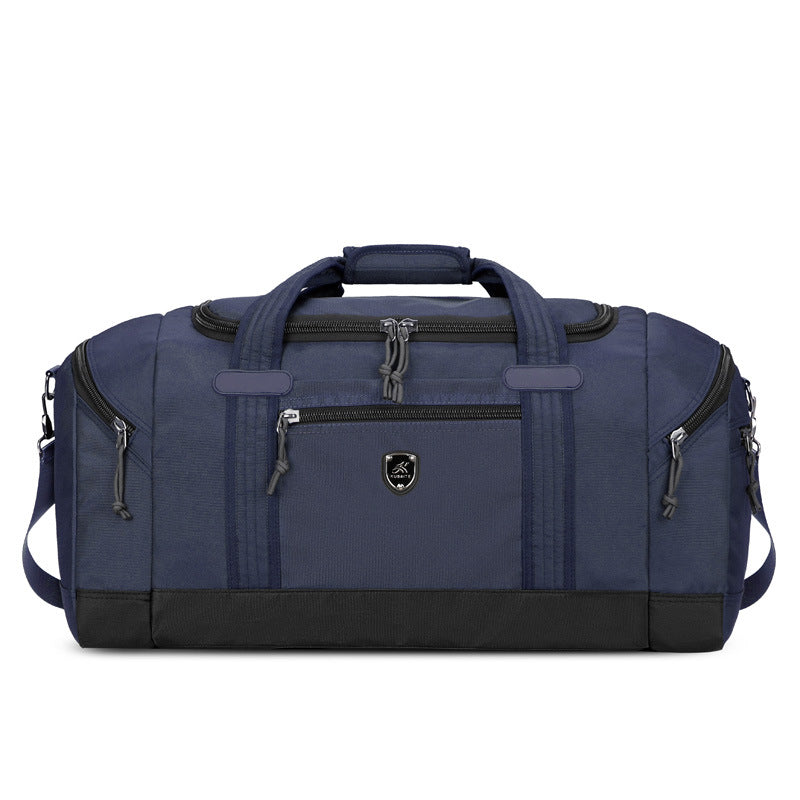 Close view of the zip pulls and contrast stitching on the Oxford travel duffel bag