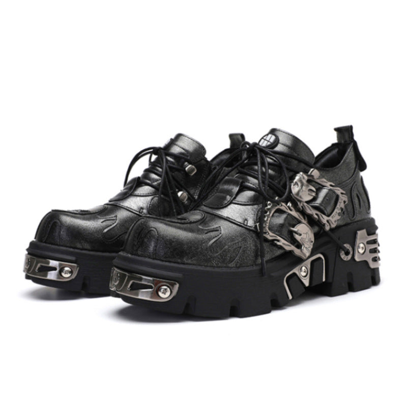 Punk platform leather shoes in Deep space Ash with skull chain buckle and flame carving, three quarter view
