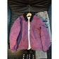 Purple tie-dye zip jacket with black ribbed collar on a hanger beside jeans and sneakers, size XL option