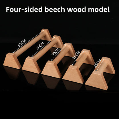 Five four sided beech push up bars lined up by length from 50 cm down to 25 cm