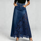 High waist A-line denim maxi skirt with a floral guipure lace panel and scalloped hem in the white colourway, front view