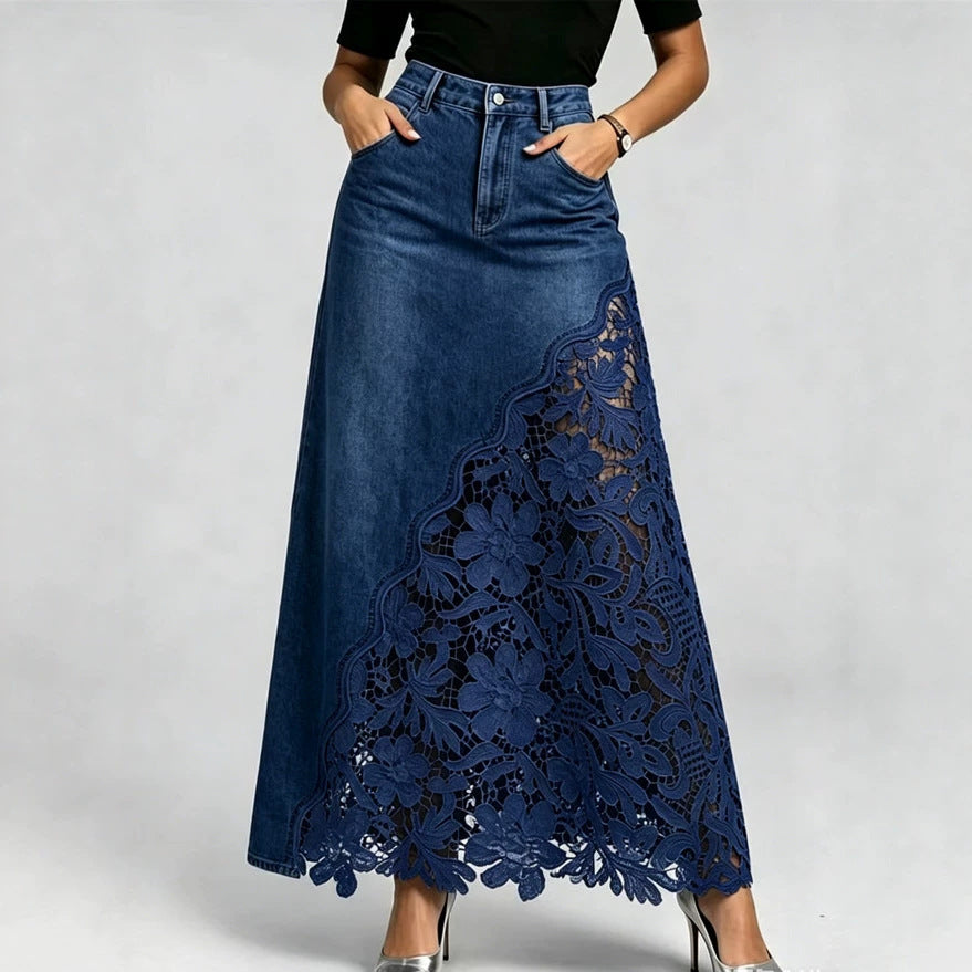 High waist A-line denim maxi skirt with a floral guipure lace panel and scalloped hem in the white colourway, front view