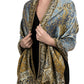 Light blue and grey paisley tassel shawl wrap worn draped over the shoulders with tasseled fringe ends