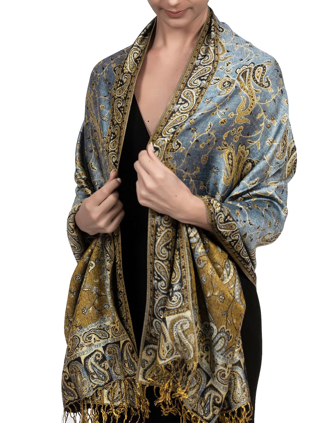 Light blue and grey paisley tassel shawl wrap worn draped over the shoulders with tasseled fringe ends