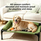 Elevated pet camp bed with a breathable mesh sleeping panel and a bolster