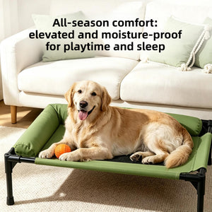 Elevated pet camp bed with a breathable mesh sleeping panel and a bolster