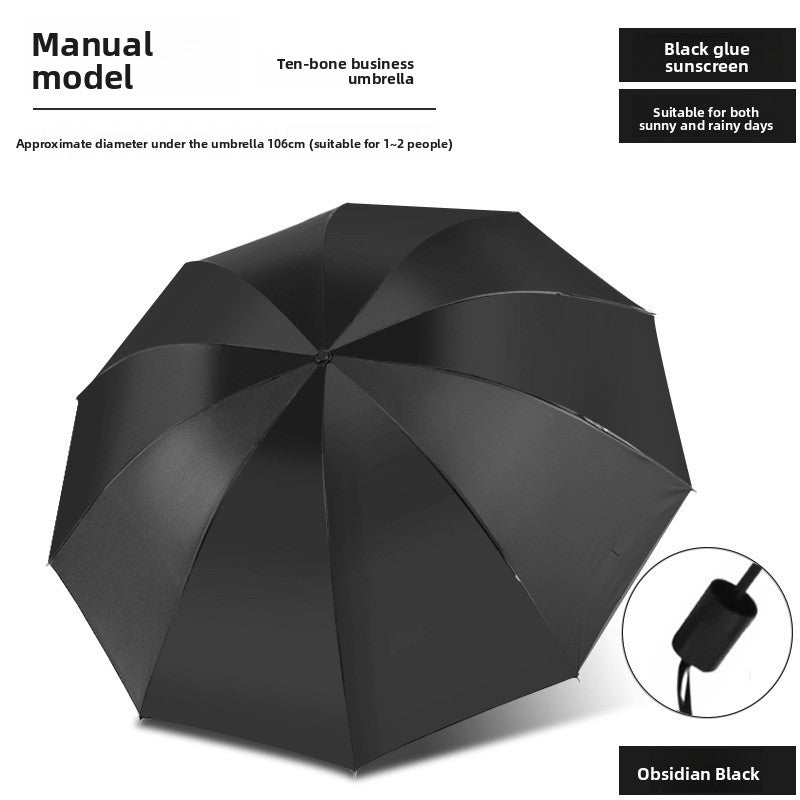 Navy blue folding umbrella for sunny and rainy days with a black coated underside
