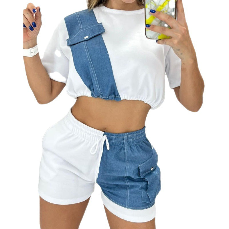 Women's Denim Short Sleeve Shorts | close up material texture