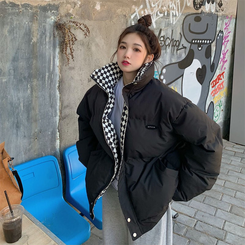 Padded stand collar puffer coat with checkerboard collar lining, brown, worn outdoors