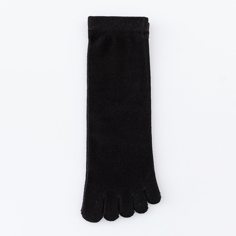 Single black five-toe cotton sock laid flat showing the ribbed mid-calf cuff